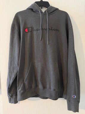 Champion Gray Pullover Hoodie with Red Logo Accent